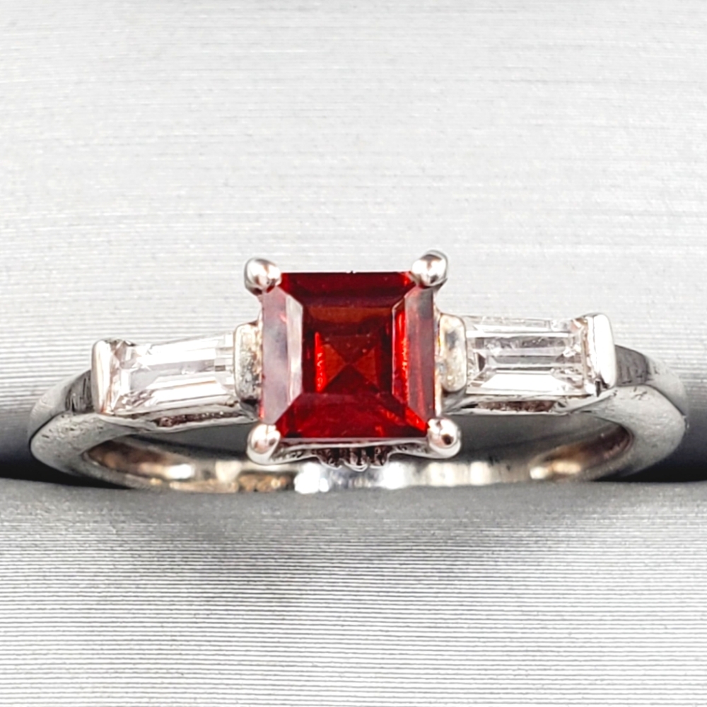 Genuine Red Princess Cut Garnet & White Topaz 925 Sterling Silver Ring